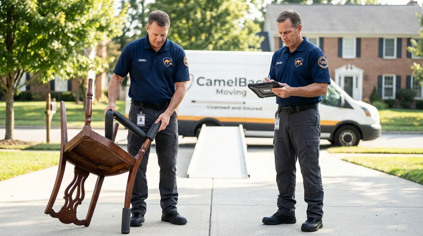 Movers inspecting furniture for damage prevention before loading in Meadview, AZ