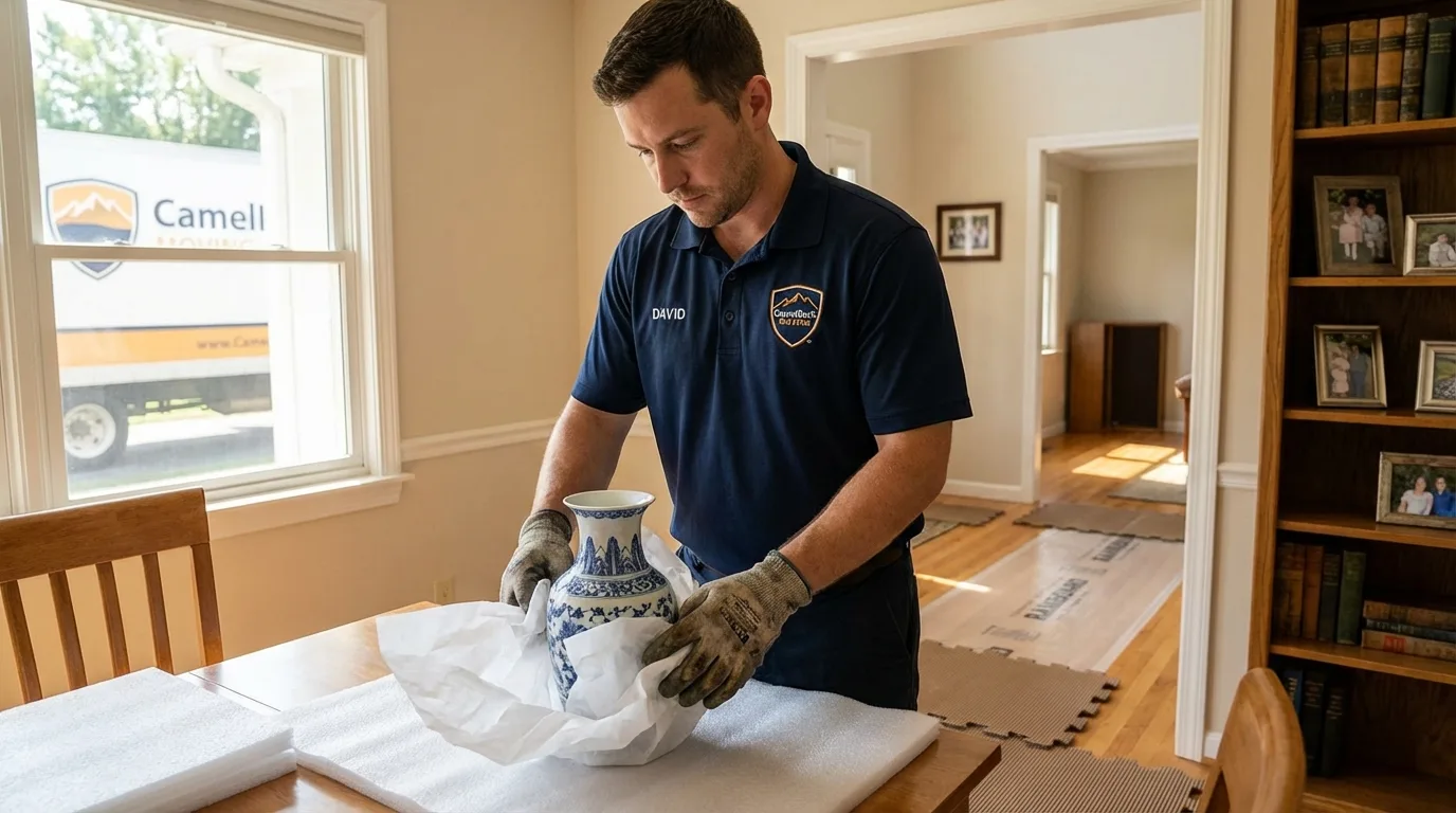 Professional crew carefully wrapping antique vase for senior downsizing move in Meadview, AZ